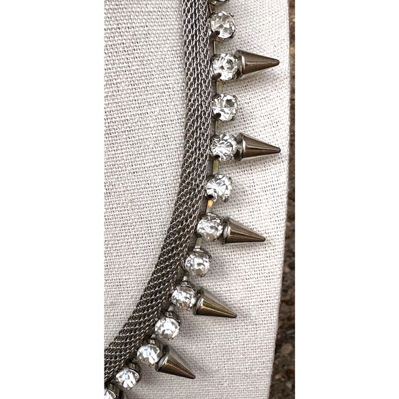 Graziano Silver Tone Mesh w/ Clear Rhinestone & Spikes Necklace Goth Biker Edgy - Picture 4 of 12